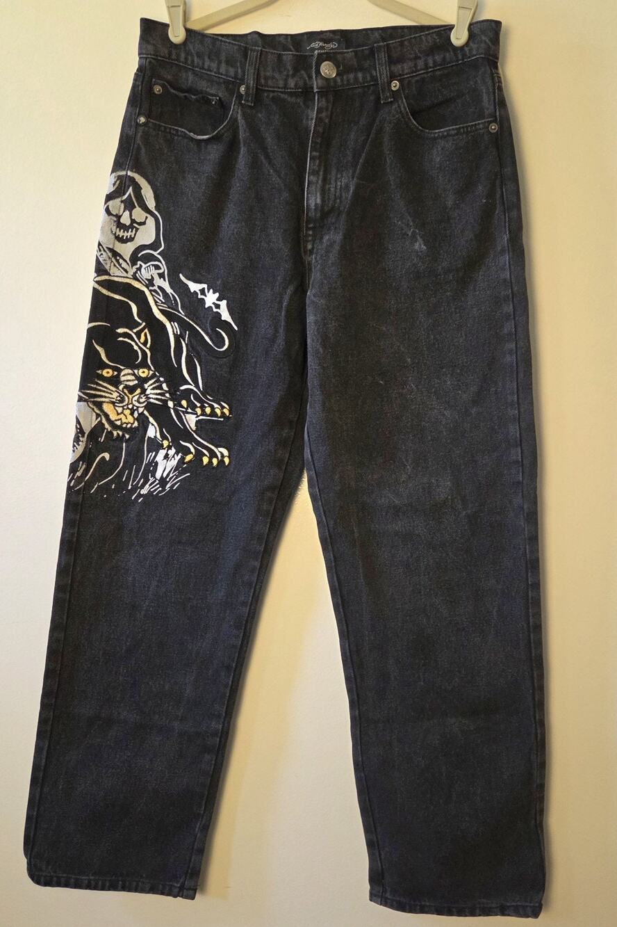 Ed Hardy Panther Reaper Black Jeans Size 30 Graphic Tattoo Baggy Wide Leg Mens